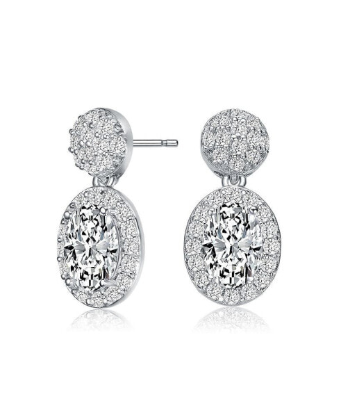 Sterling Silver with White Gold Plated Clear Oval and Round Cubic Zirconia Halo with Cluster Post Drop Earrings