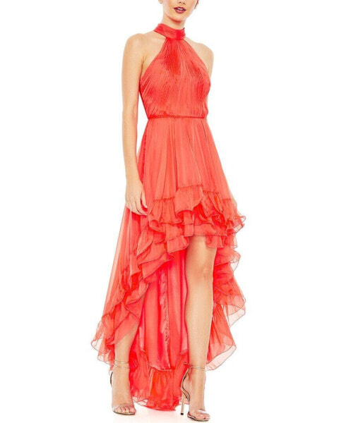 Mac Duggal Ruffle Tiered High Low Pleated Halter Neck Gown Women's 4