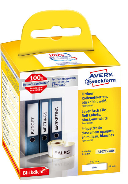 Avery Zweckform Avery AS0722480 - White - Rectangle - Permanent - 59 x 190 mm - Rolle - Paper