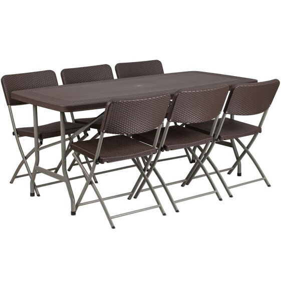 32.5''W X 67.5''L Brown Rattan Plastic Folding Table Set With 6 Chairs