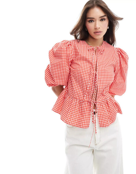 ASOS DESIGN cotton poplin tie front peplum blouse in red gingham