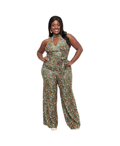 Plus Size Sashed Sleeveless Halter Glamour Goddess Jumpsuit