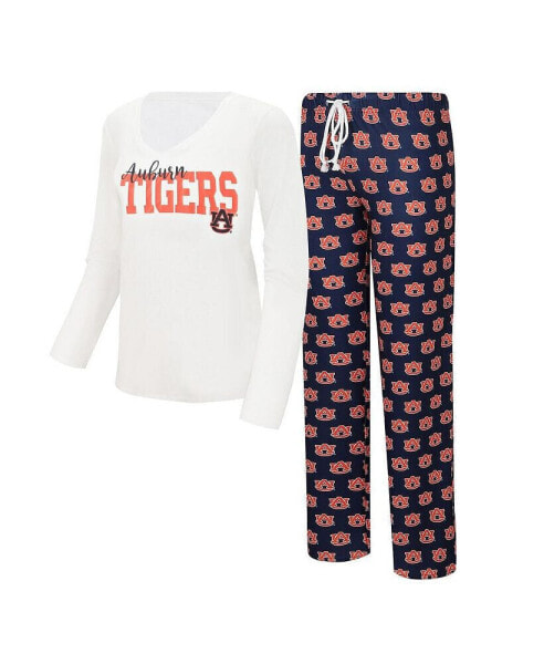 Women's White, Navy Auburn Tigers Long Sleeve V-Neck T-shirt and Gauge Pants Sleep Set