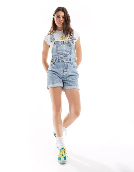 Miss Selfridge dungaree denim shorts in blue acid wash