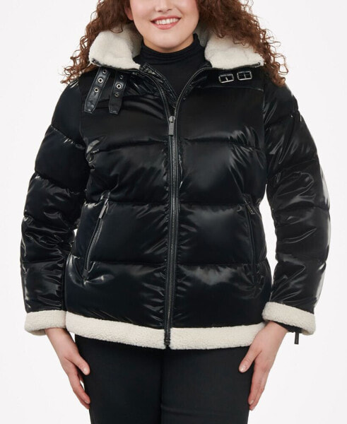 Women's Plus Size Faux-Shearling Shine Puffer Coat, Created for Macy's