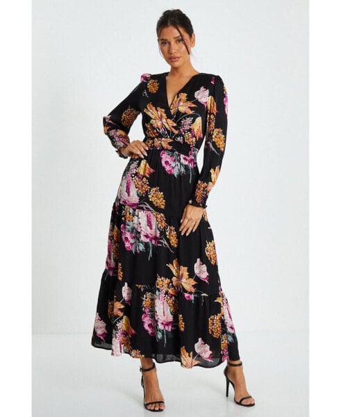 Women's Black Floral Chiffon Tiered Hem Maxi Dress