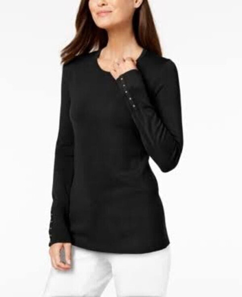 JM Collection Long Sleeve Studded Cuff Scoop Neck Sweater Black XL