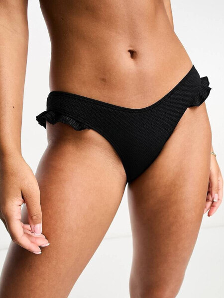 New Look frill hipster bikini bottoms in black