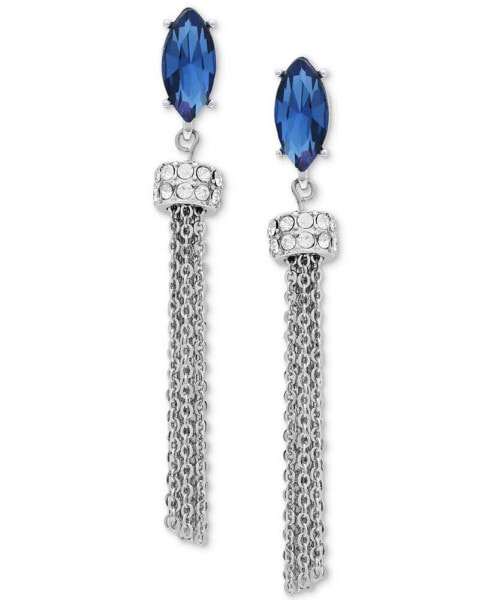 Silver-Tone Blue Stone Chain Fringe Linear Earrings