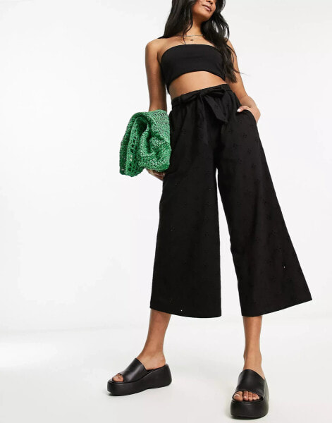 ASOS DESIGN broderie wide leg trouser with tie belt in black