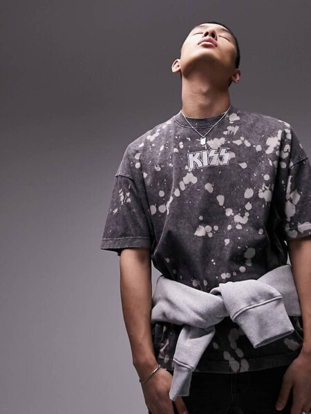 Topman extreme oversized fit t-shirt with Kiss band print in washed black