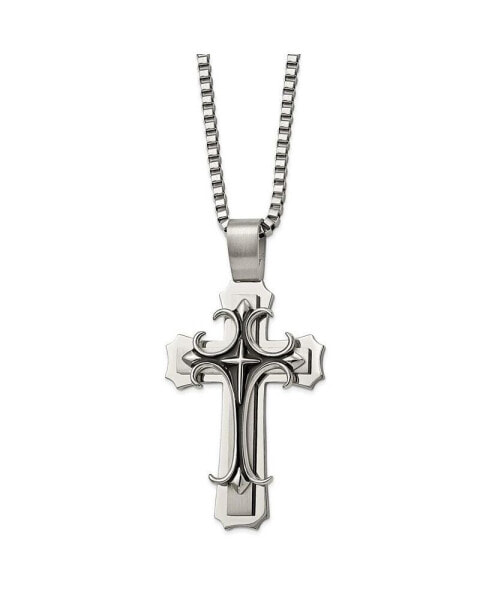 Chisel brushed and Black Enamel Large Cross Pendant Box Chain Necklace