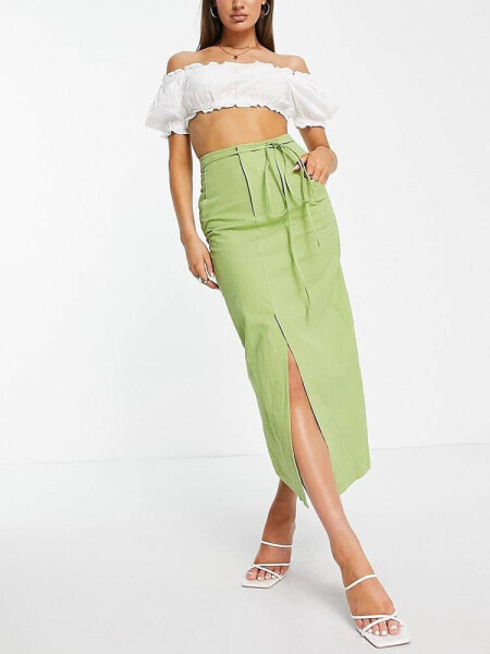 Ghospell tie waist midi skirt in olive green