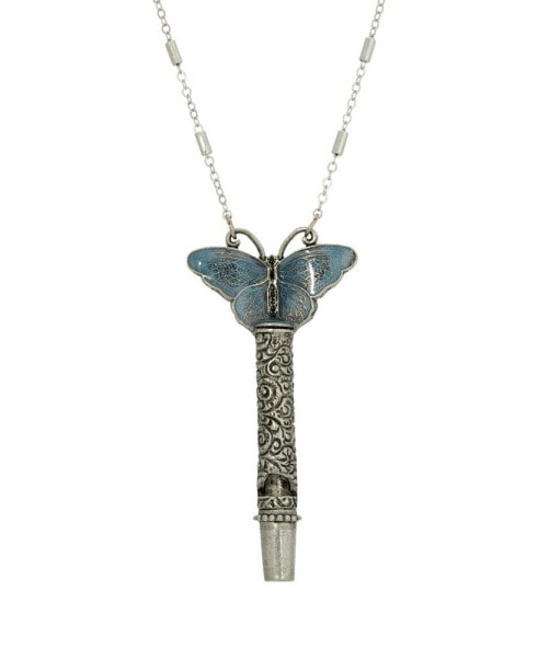 Women's Pewter Whistle with Blue Enamel Butterfly Necklace