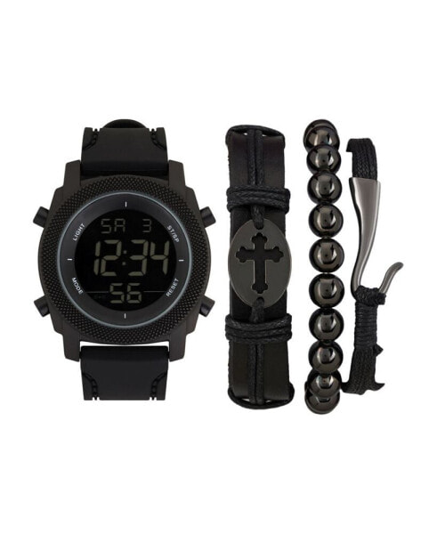 Men's Quartz Digital Dial Black Silicone Strap Watch and Assorted Black Stackable Bracelets Gift Set, Set of 4