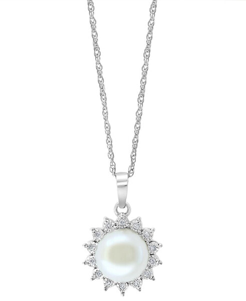 EFFY® Cultured Freshwater Pearl (7 mm) & Diamond (1/20 ct. t.w.) Halo 18" Pendant Necklace in Sterling Silver