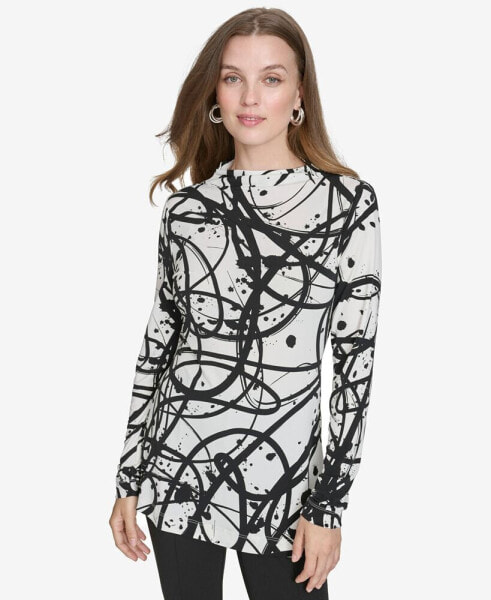 Women's Printed Mock-Neck Long-Sleeve Top