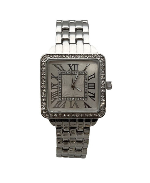 Silver Small Square and Rhinestones Metal Band Women Watch