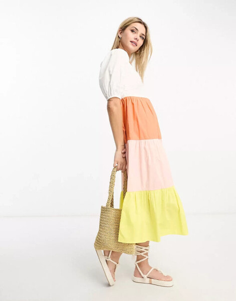 Influence cotton poplin colour block tiered midi dress