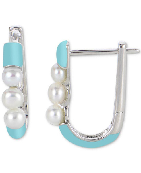 Cultured Freshwater Pearl (3-1/2 - 4mm) & Enamel Oval Hoop Earrings in Sterling Silver
