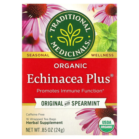 Organic Echinacea Plus, Original with Spearmint, Caffeine Free, 16 Wrapped Tea Bags, 0.85 oz (24 g)