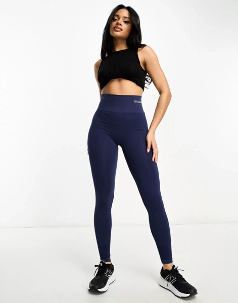 Hummel – Nahtlose Leggings in Blau mit hohem Bund