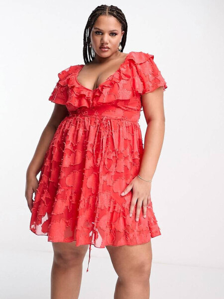 ASOS DESIGN Curve v front ruffle mini dress with flutter sleeve and tie belt in red