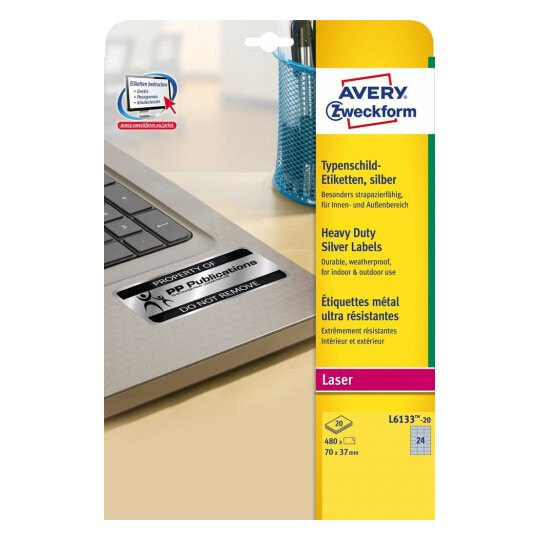 Avery Zweckform L6133-20 - Silver - Rectangle - Permanent - DIN A4 - Polyester - Matte