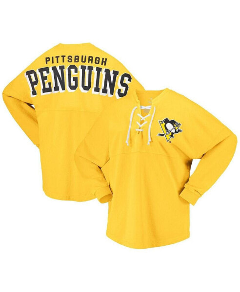 Women's Gold Pittsburgh Penguins Spirit Lace-Up V-Neck Long Sleeve Jersey T-shirt