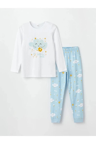 LCW Kids Bisiklet Yaka Desenli Uzun Kollu Kız Çocuk Pijama Takımı