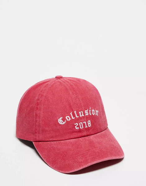 COLLUSION Unisex collegiate branded cap in washed red