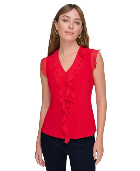 Women's Ruffled Mixed-Media Top