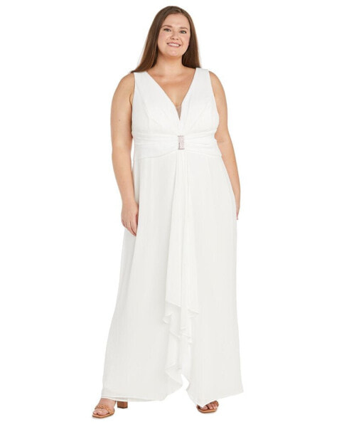 Plus Size Plunge-Neck Chiffon Jumpsuit