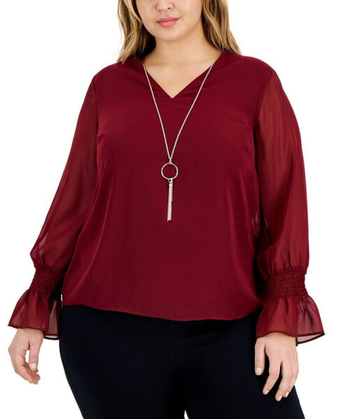 Plus Size Smocked-Sleeve Necklace Top, Created for Macy's