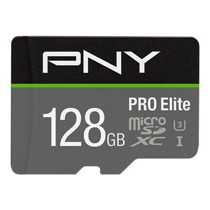 PNY PRO Elite - 128 GB - MicroSDXC - Class 10 - UHS-I - Class 3 (U3) - Black - Grey