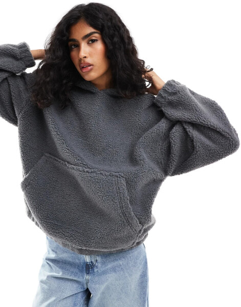 ASOS DESIGN oversized borg hoodie in charcoal