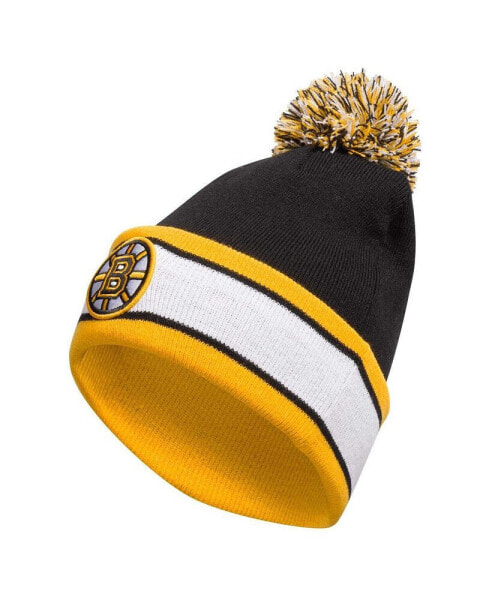 Men's Black Boston Bruins Team Stripe Cuffed Knit Hat with Pom