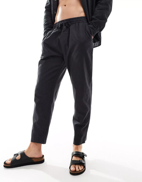 Pull&Bear linen look wide leg trousers in black