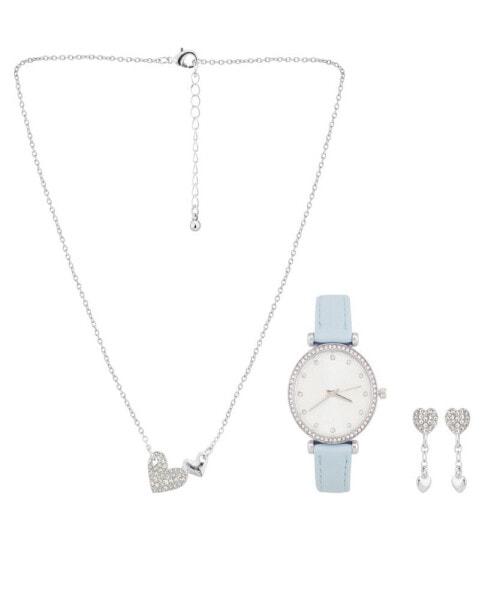 Women's Analog Light Blue Polyurethane Leather Strap Watch 33mm with Necklace Earring Set