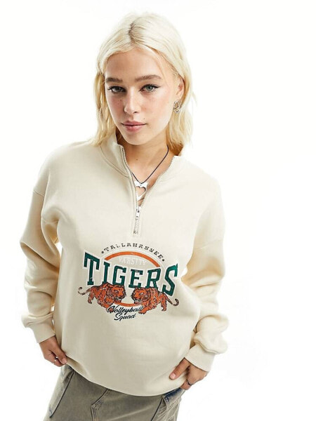 Daisy Street quarter zip sweatshirt in stone with tiger graphic