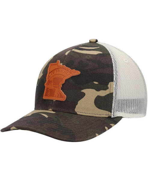Men's Camo Minnesota Icon Woodland State Patch Trucker Snapback Hat
