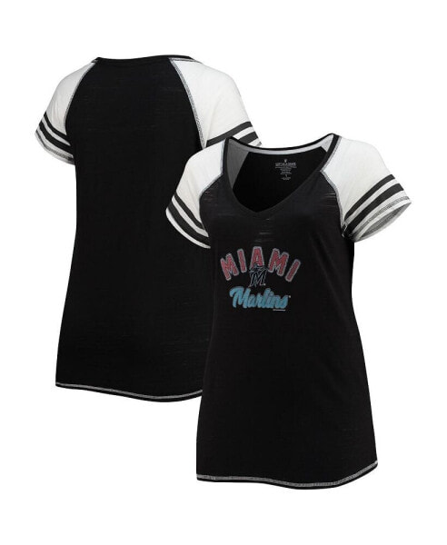 Women's Black Miami Marlins Curvy Colorblock Tri-Blend Raglan V-Neck T-shirt