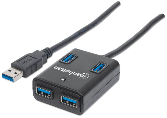 USB-концентратор Manhattan 4 порта USB-A - 5 Гбит/с (USB 3.2 Gen1 aka USB 3.0) - Без источника питания от шины - Эквивалент ST4300MINU3B - Быстрая зарядка x1 порт до 0.9A или x4 порта с джеком питания (не включено) - Superspeed USB - Черный - Трехлетняя гарантия - Блистер - USB 3.2