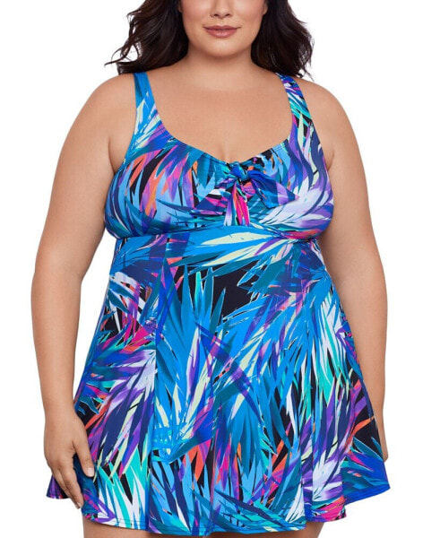 Plus Size Abstract-Print Bow-Front Swim Dress, Created for Macy's