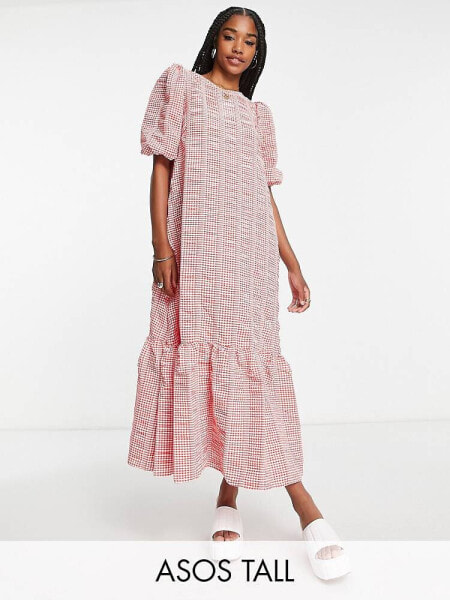 ASOS DESIGN Tall volume maxi smock dress in red mixed gingham