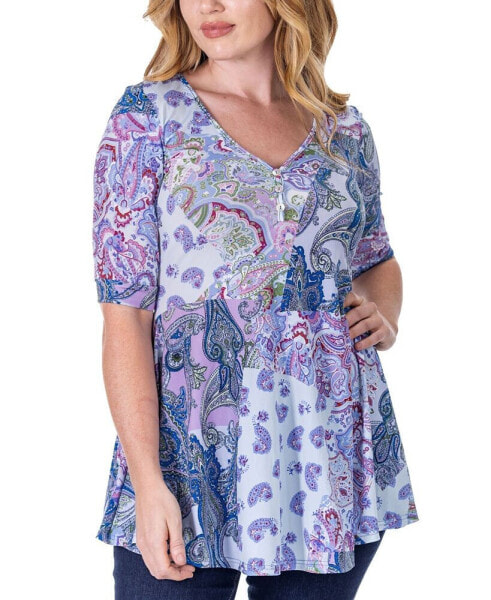 Print Elbow Sleeve V Neck Henley Tunic Top