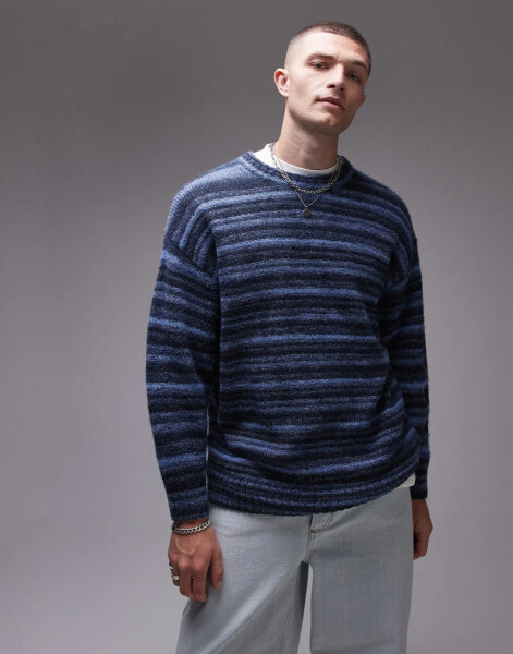 Topman relaxed fit fluffy stripe jumper in blue