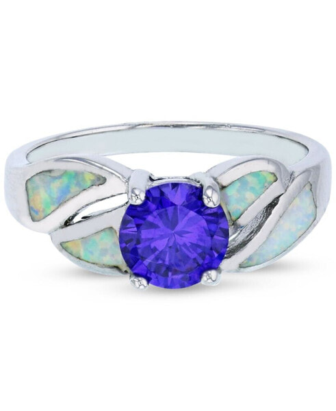 Purple Cubic Zirconia & Lab-Grown Opal Inlay Ring in Sterling Silver