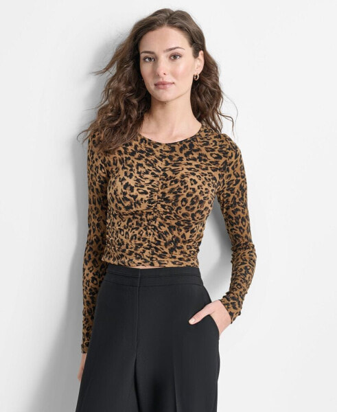 Women's Animal-Print Ruched Crewneck Long-Sleeve Top