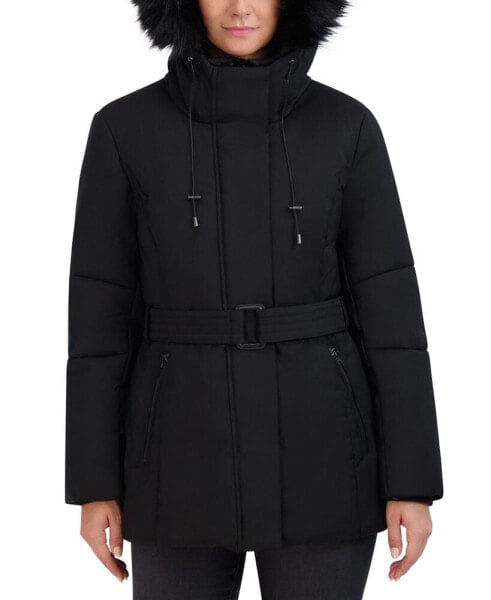 Women's Belted Faux-Fur-Trim Hooded Puffer Coat